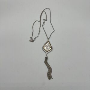 Silver Gold Dual Tone Pavé & Chain Teardrop Tassel Pendant Necklace 34” Jewelry